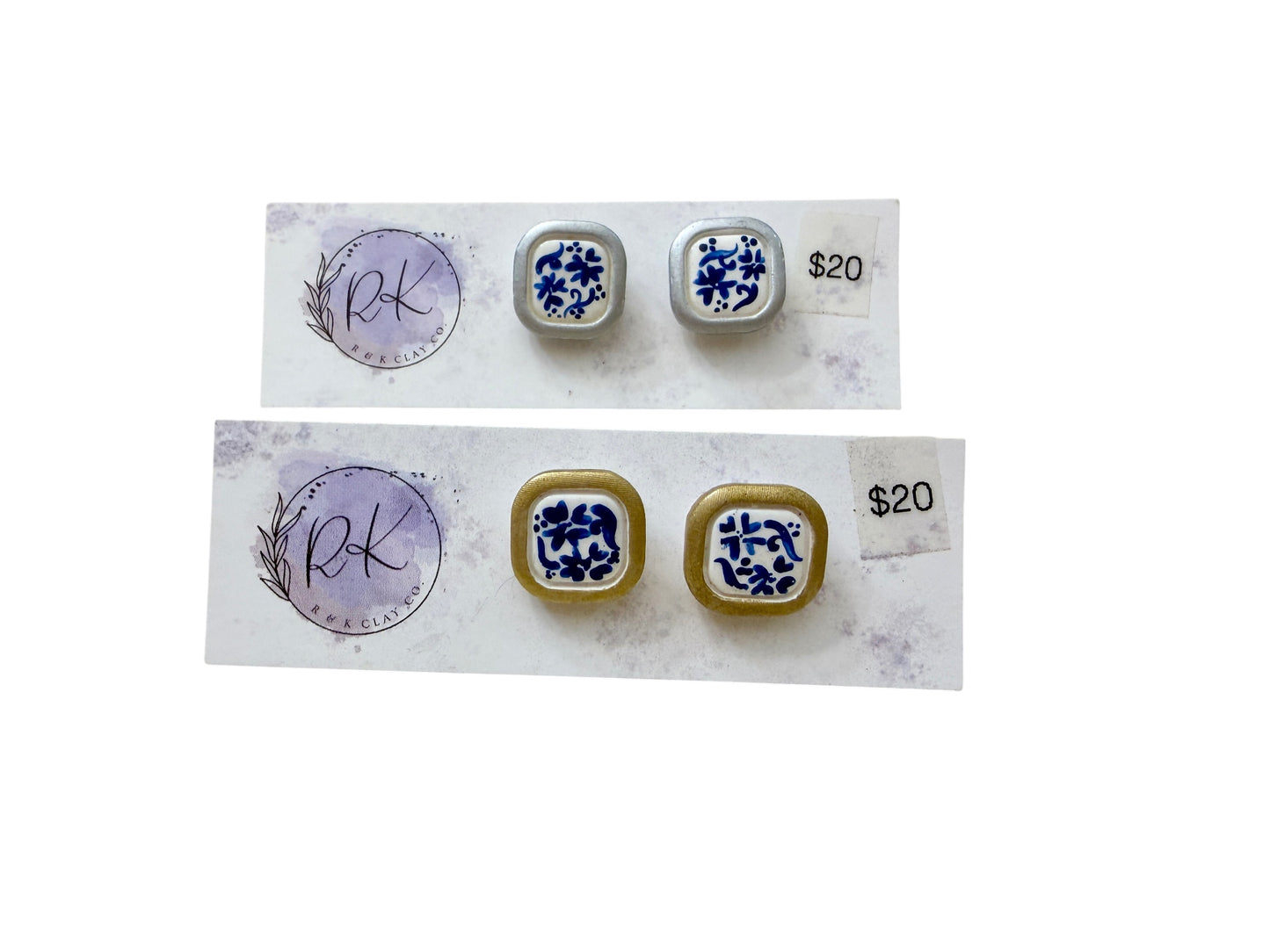 Hand Painted Gold or Silver Square Chinoiserie Studs