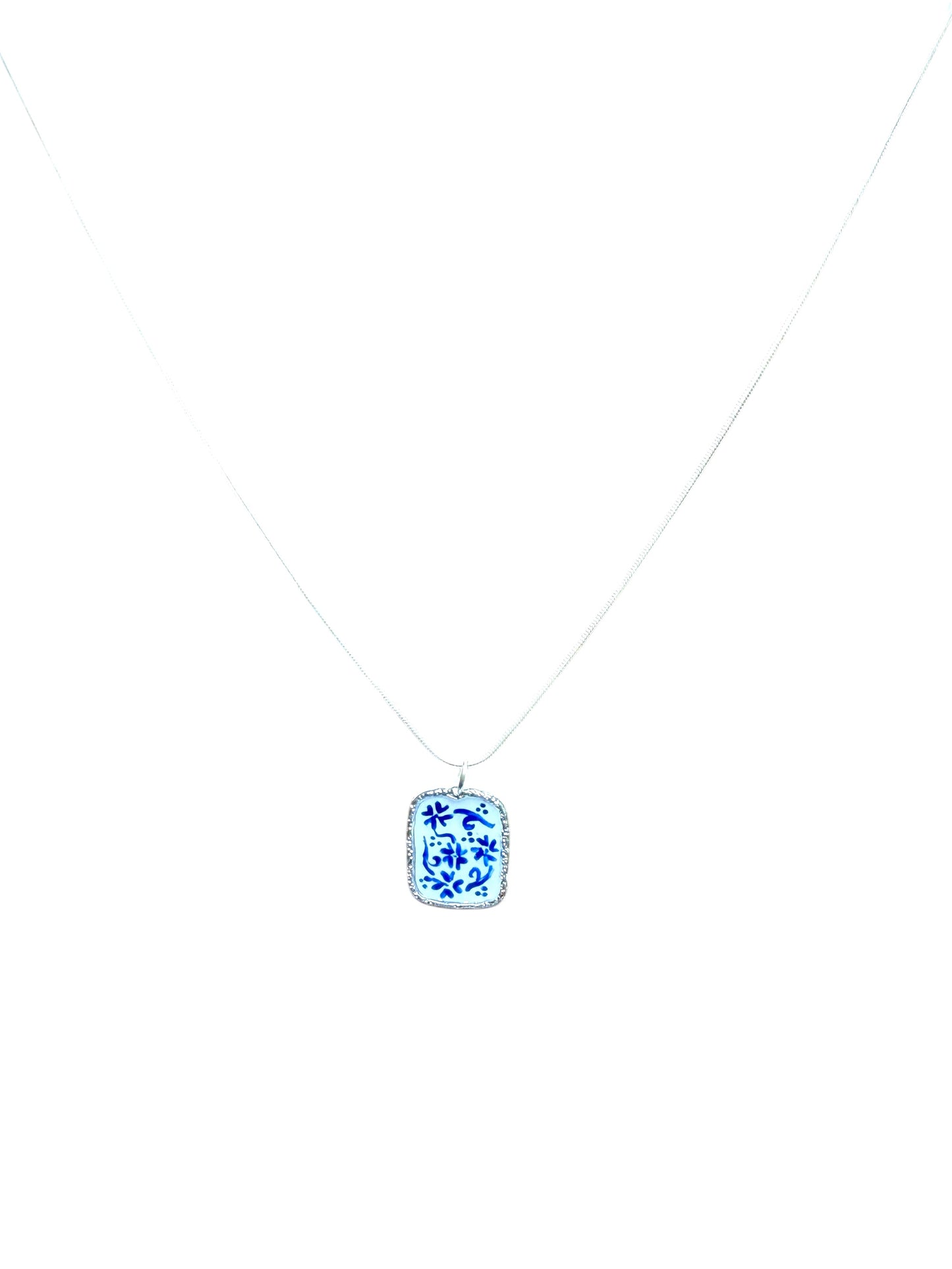 Hand Painted Silver Square Chinoiserie Necklace