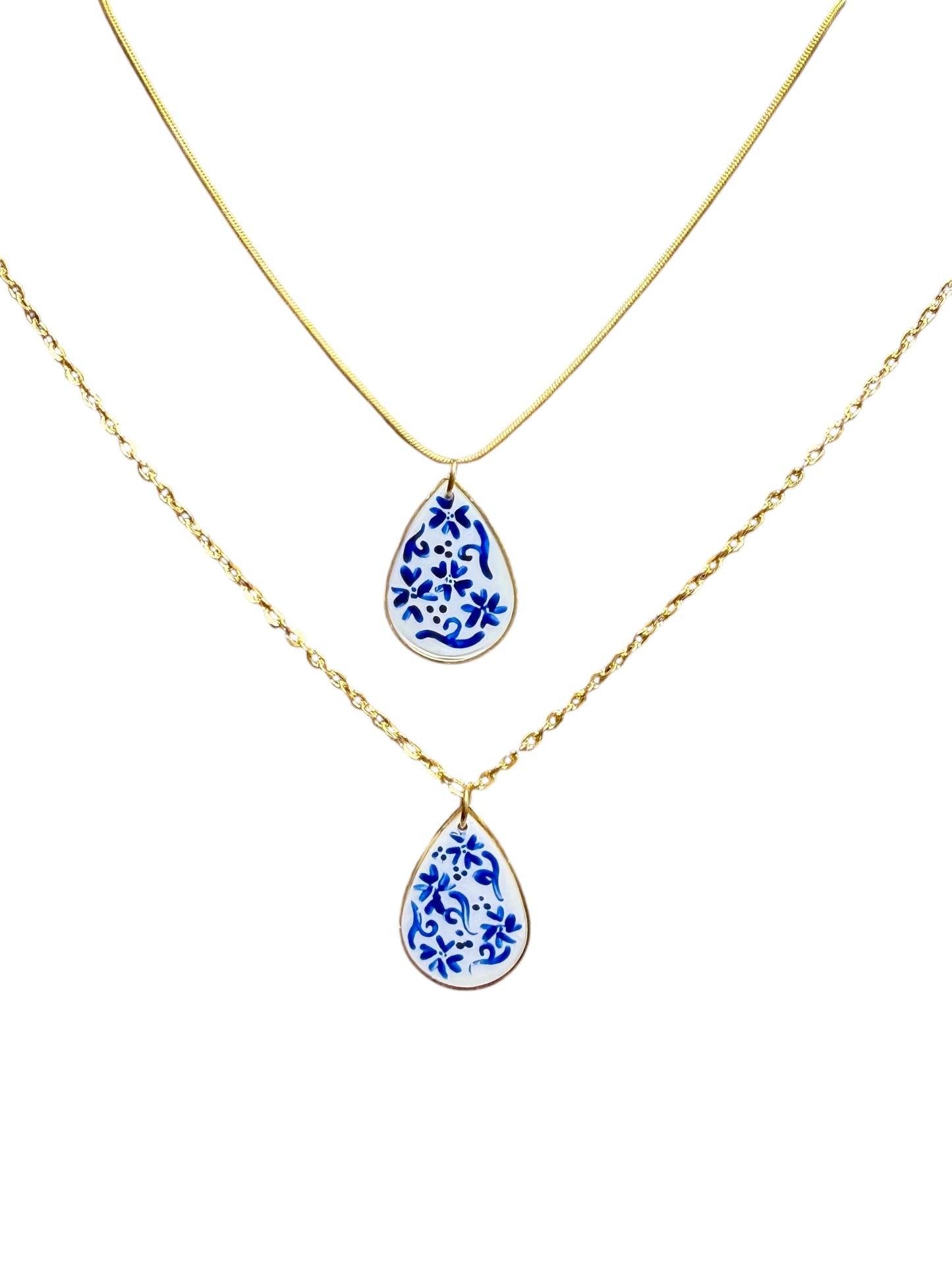 Hand Painted Large Gold Teardrop Chinoiserie Necklace