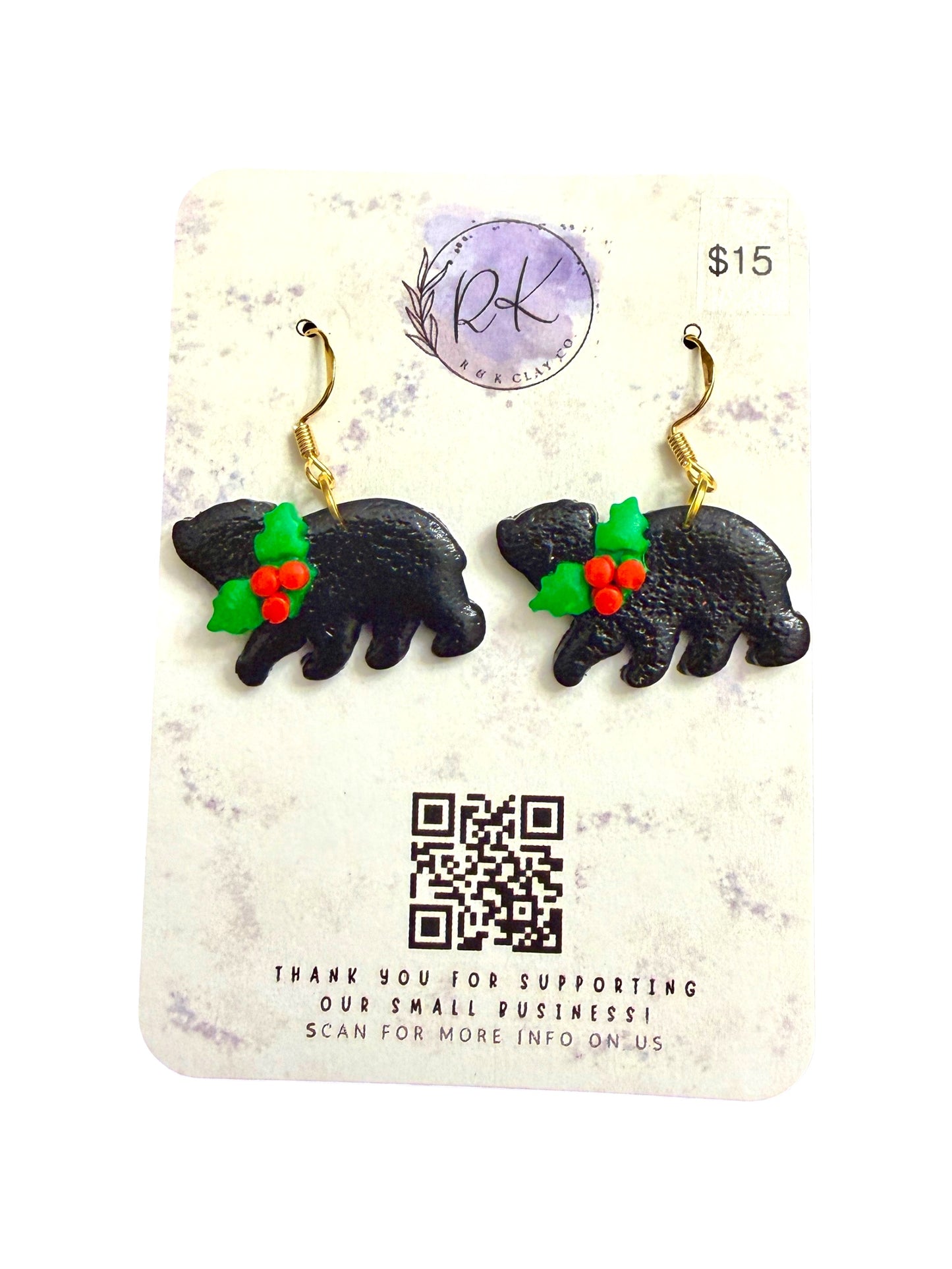 Bear with Holly Earrings