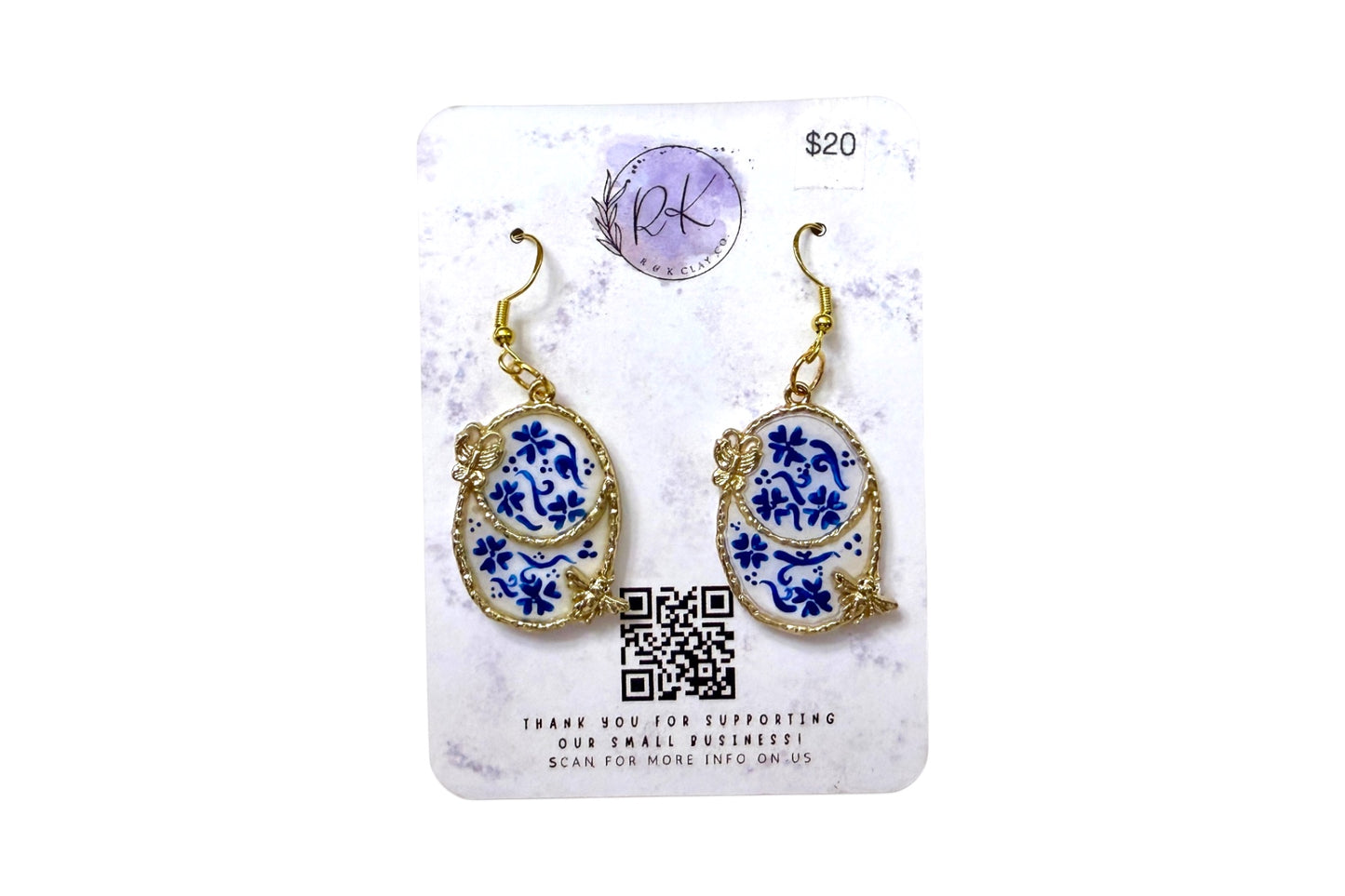 Hand Painted Gold Oval Nature Chinoiserie Earrings