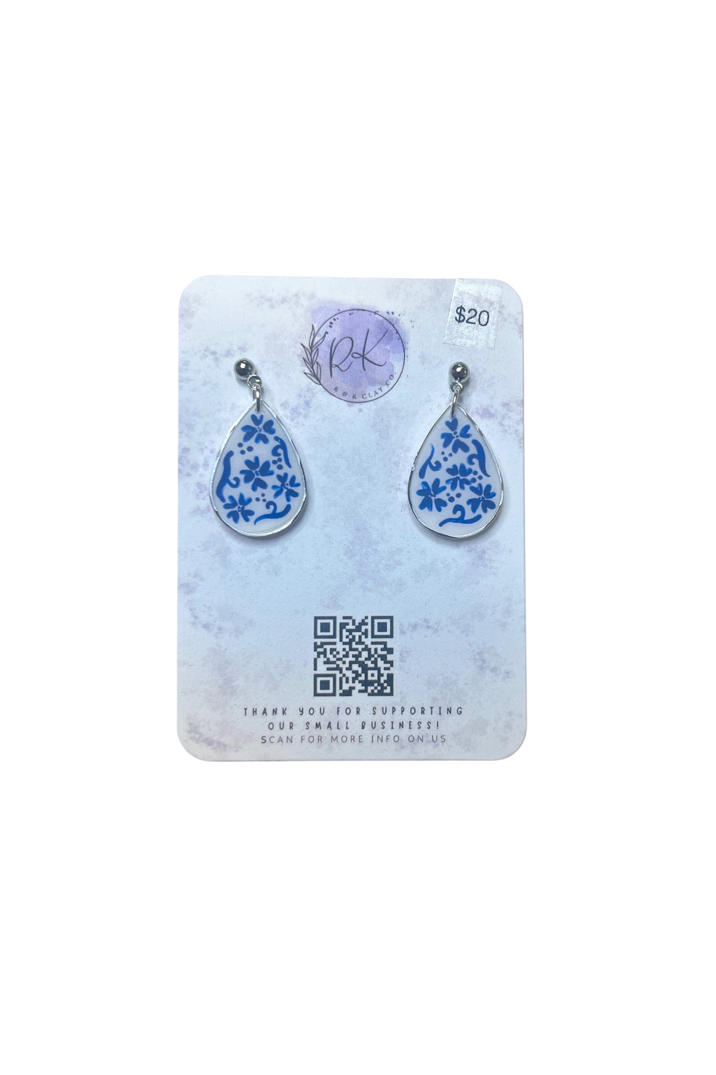 Hand Painted Silver Large Tear Drop Inlay Chinoiserie Earrings