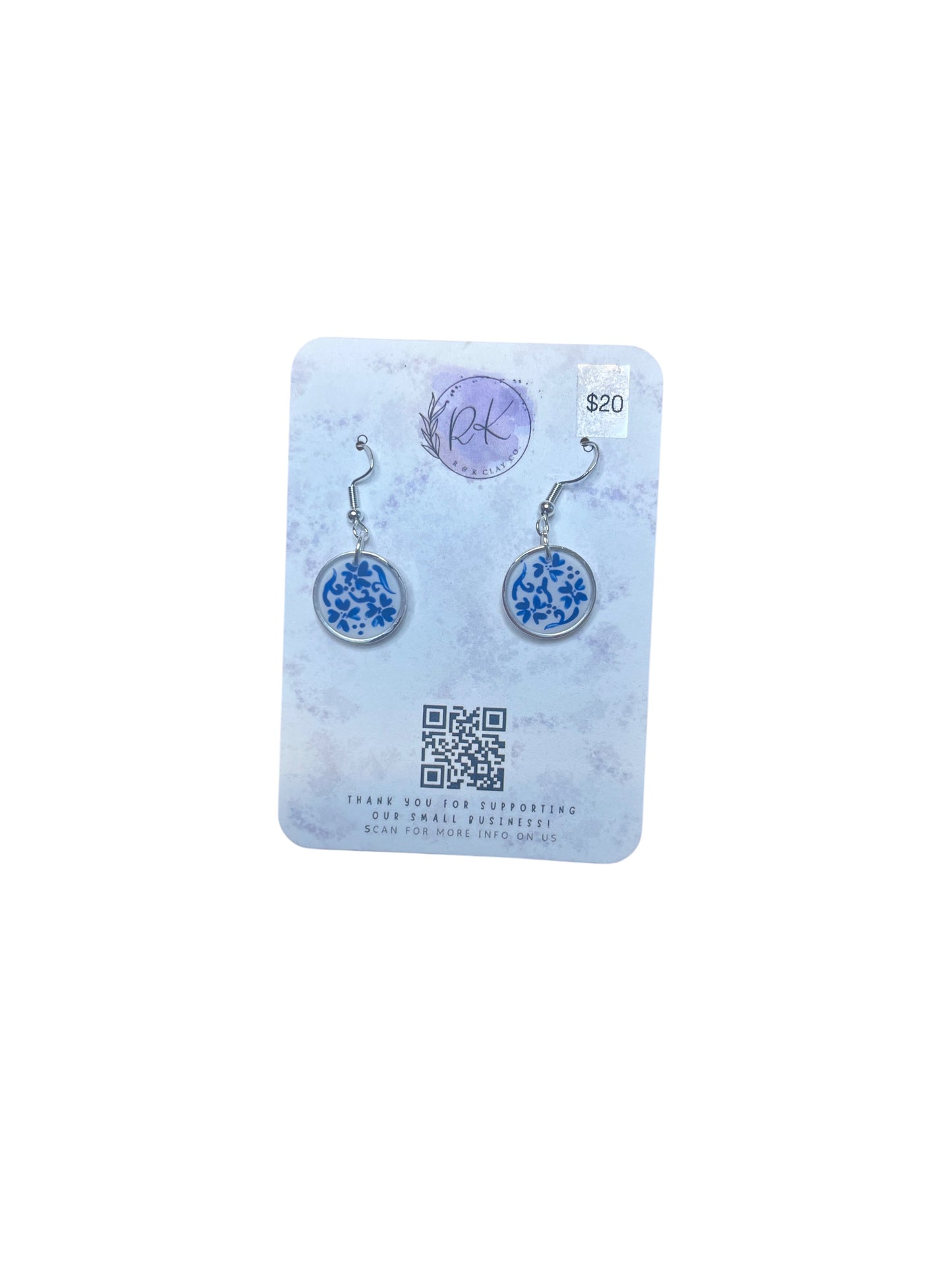 Hand Painted Silver Small Circle Inlay Chinoiserie Earrings