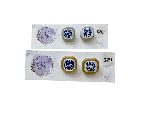 Hand Painted Gold or Silver Square Chinoiserie Studs