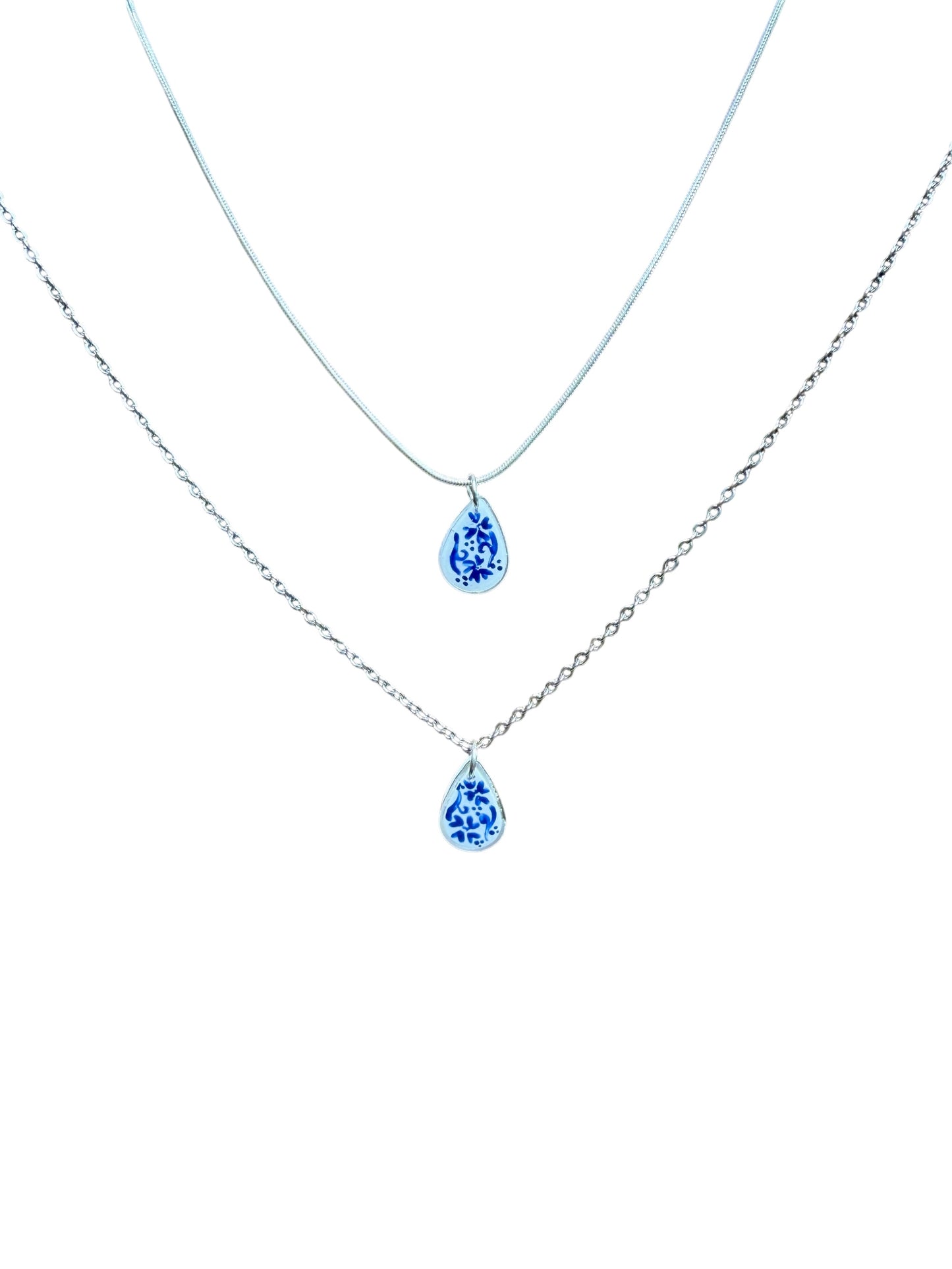 Hand Painted Small Silver Teardrop Chinoiserie Necklace