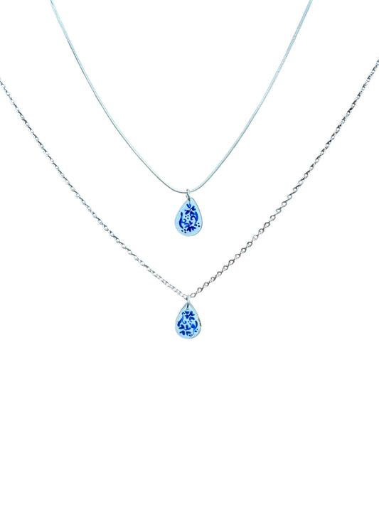 Hand Painted Small Silver Teardrop Chinoiserie Necklace