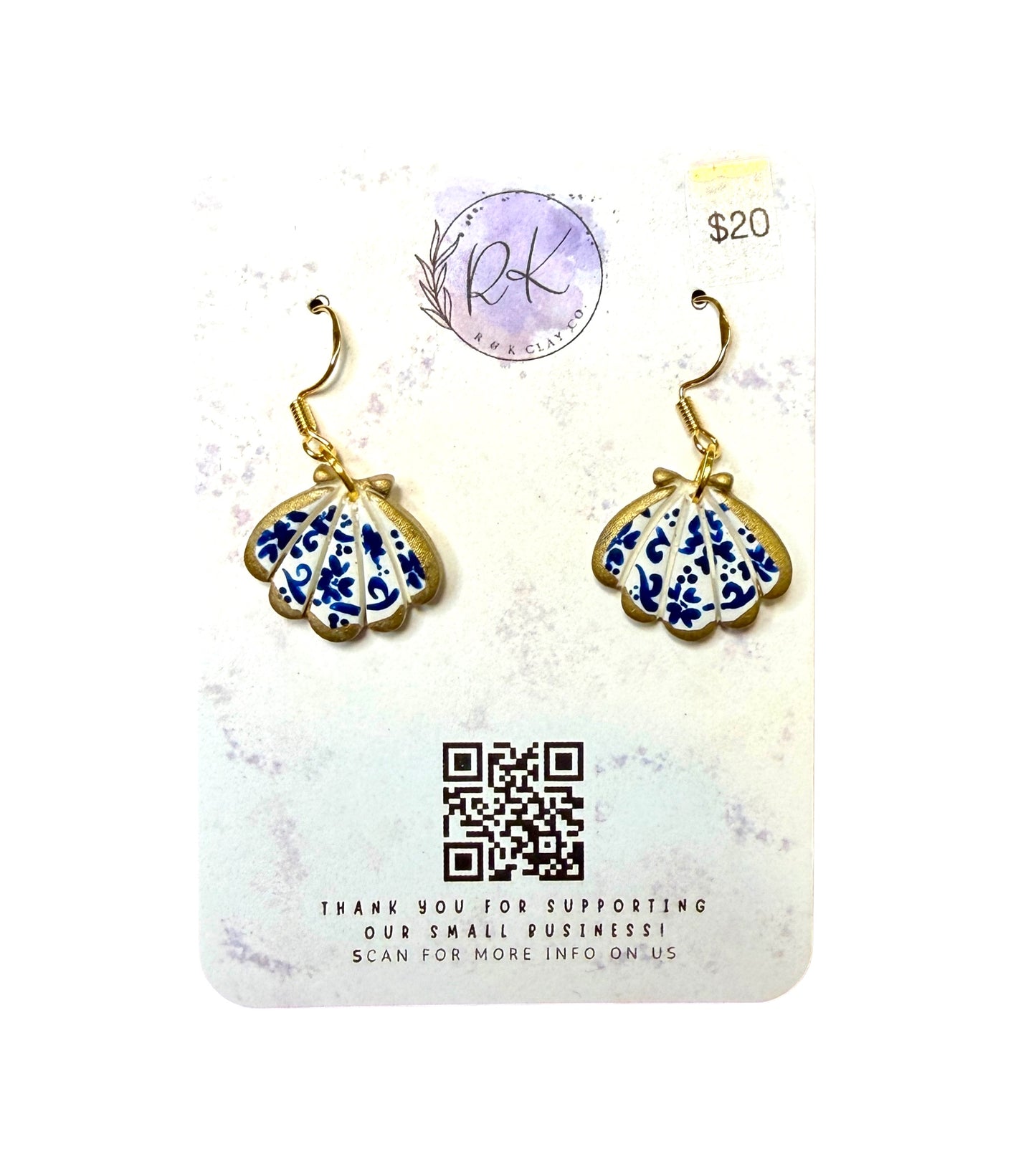 Hand Painted Small Seashell Chinoiserie Earrings
