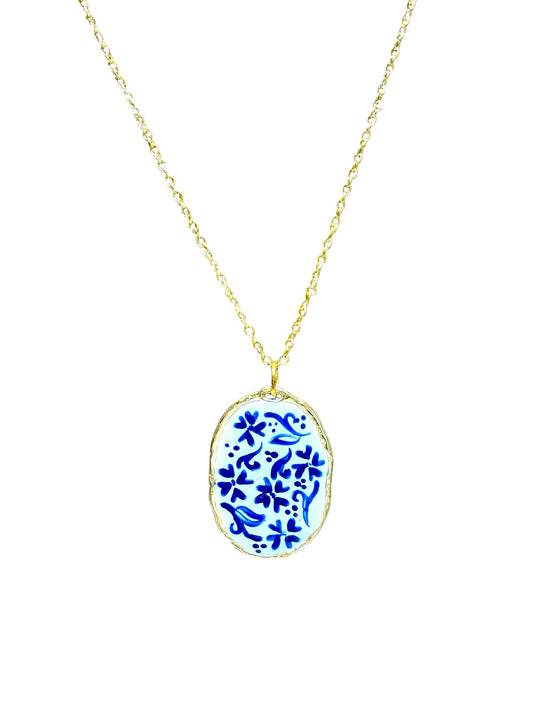 Hand Painted Gold Wavy Oval Chinoiserie Necklace
