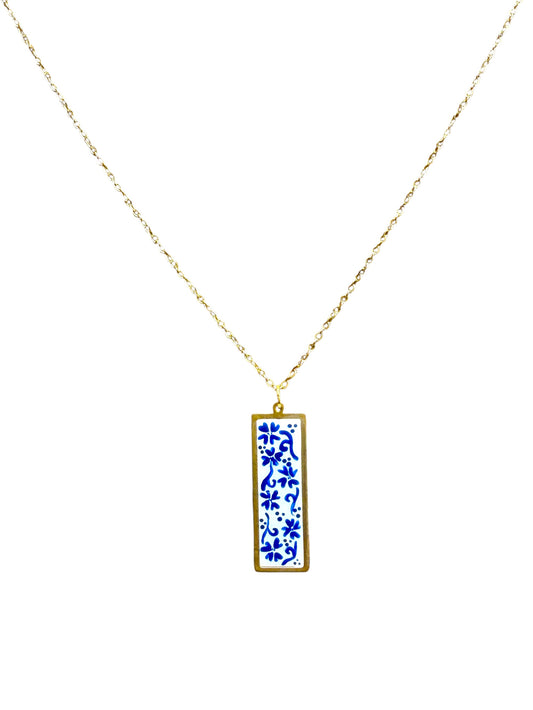 Hand Painted Gold Rectangle Chinoiserie Necklace