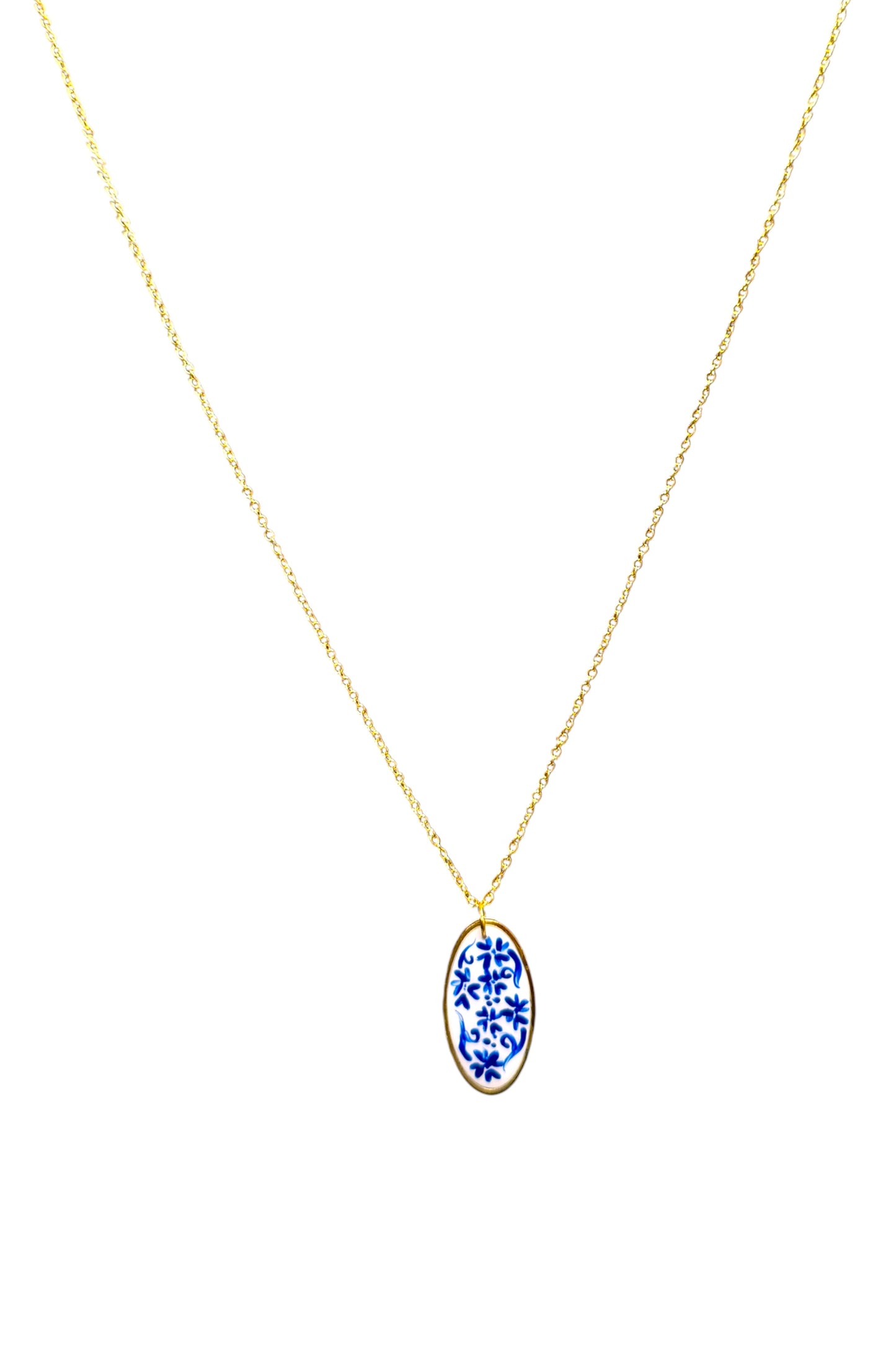 Hand Painted Gold Oval Chinoiserie Necklace
