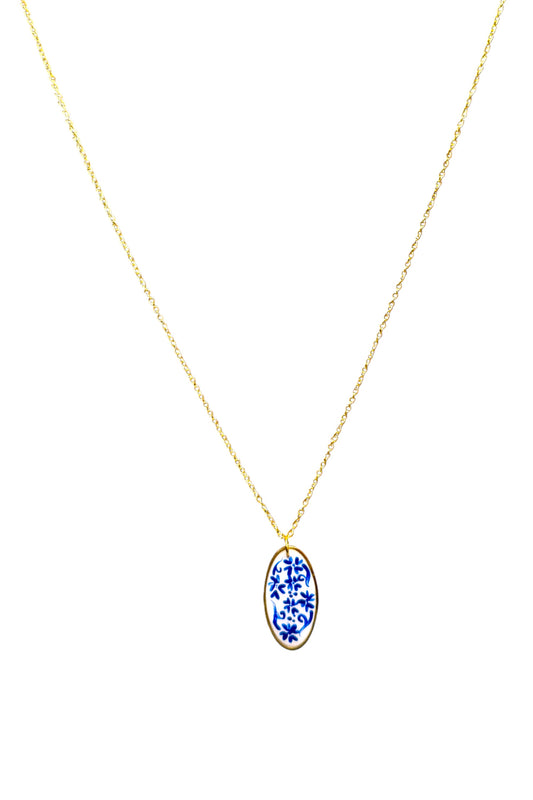 Hand Painted Gold Oval Chinoiserie Necklace