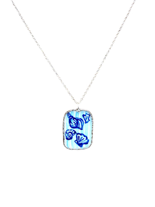 Hand Painted Silver Seashell Print Chinoiserie Necklace