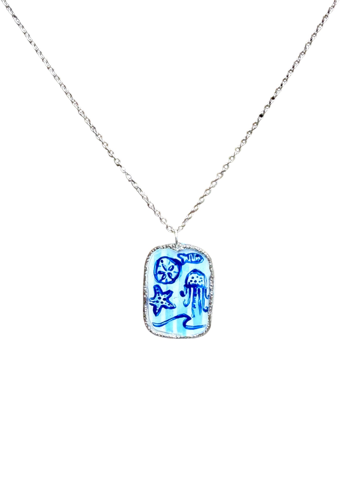 Hand Painted Silver Surfs Up Print Chinoiserie Necklace
