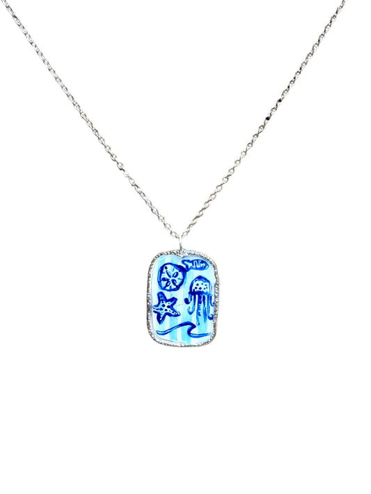 Hand Painted Silver Surfs Up Print Chinoiserie Necklace