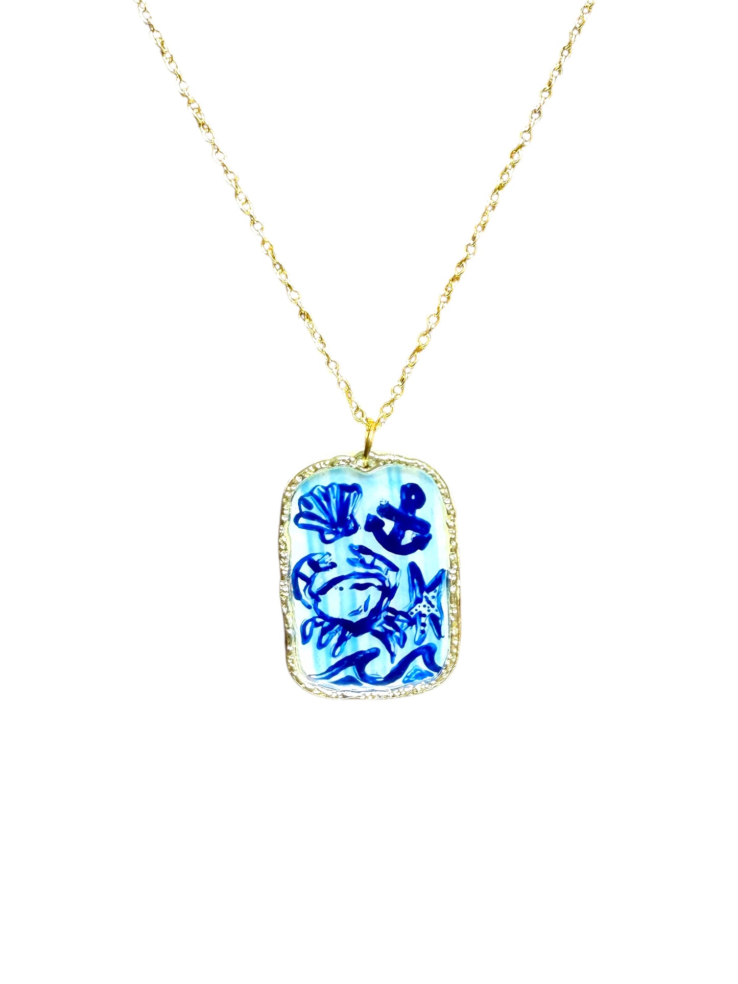 Hand Painted Gold Ocean Print Chinoiserie Necklace