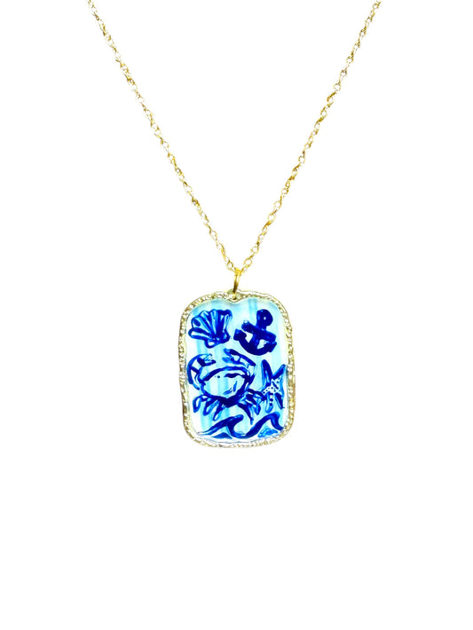 Hand Painted Gold Ocean Print Chinoiserie Necklace