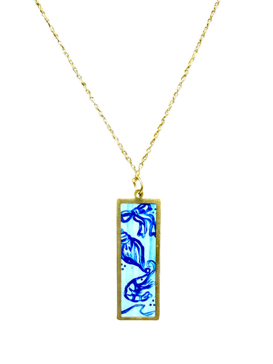 Hand Painted Gold Rectangle Ocean Print Chinoiserie Necklace