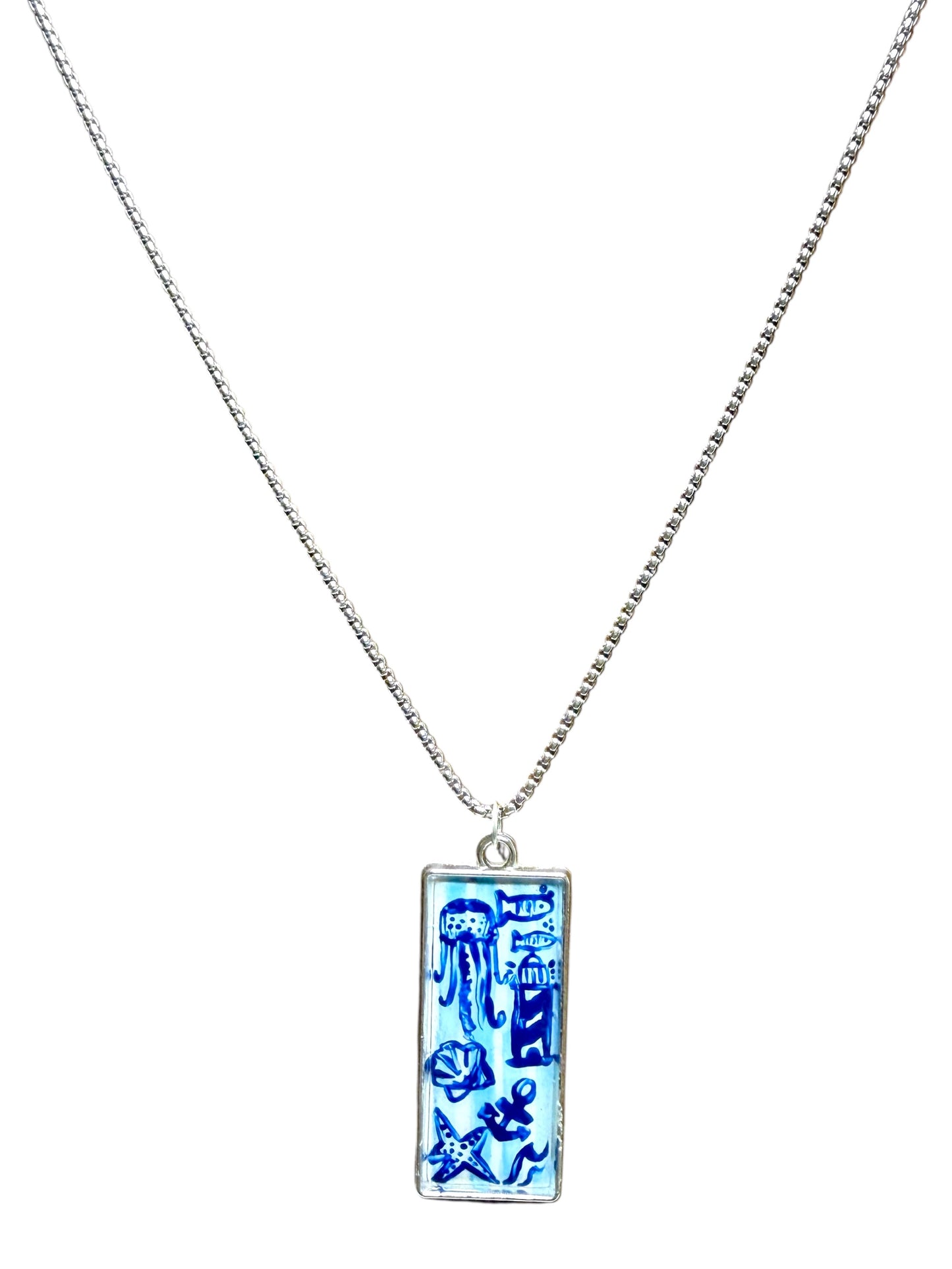 Hand Painted Silver Rectangle Ocean Print Chinoiserie Necklace