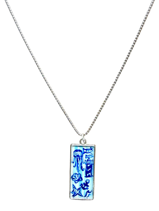 Hand Painted Silver Rectangle Ocean Print Chinoiserie Necklace