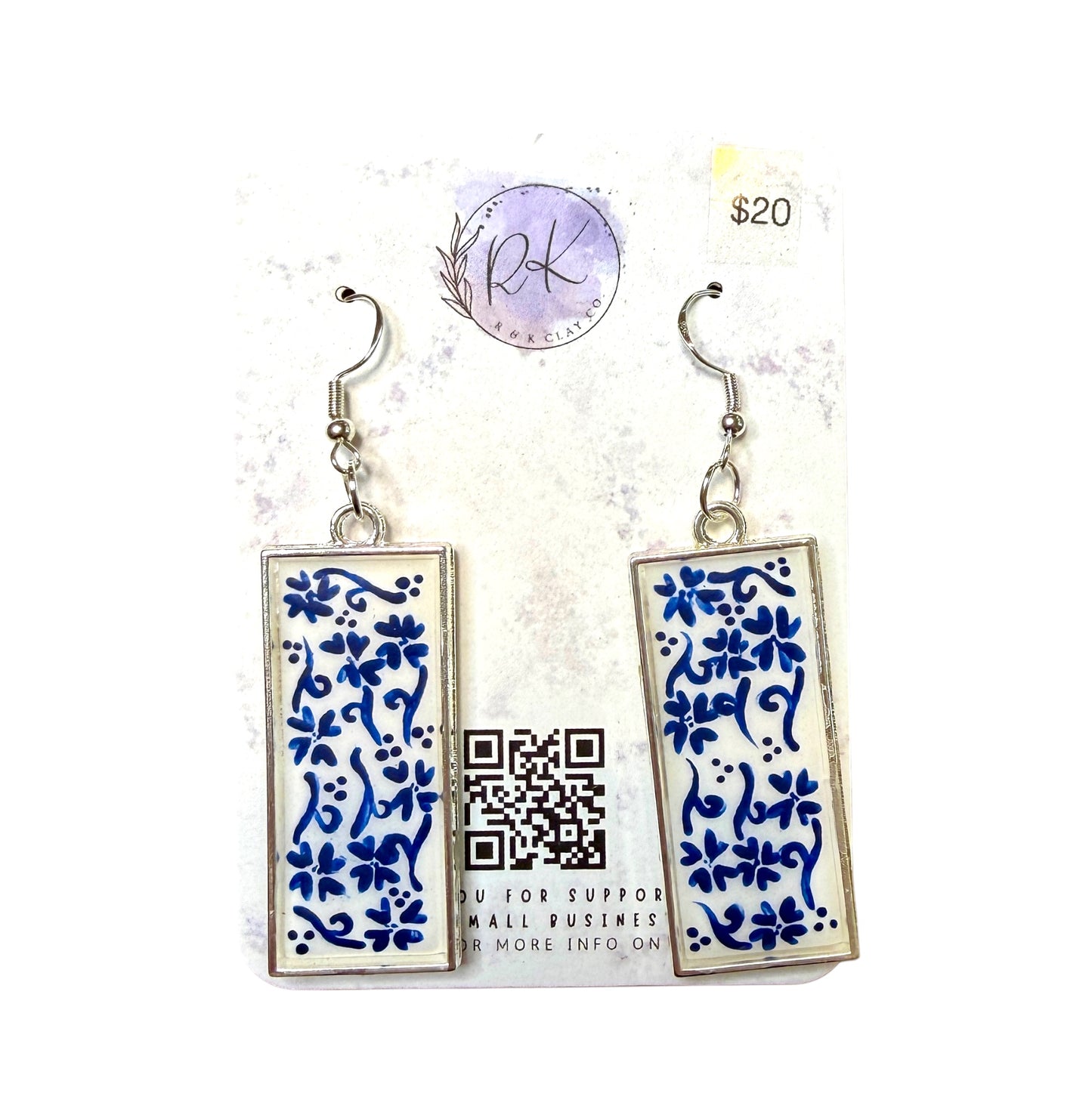 Hand Painted Silver Rectangle Chinoiserie Earrings
