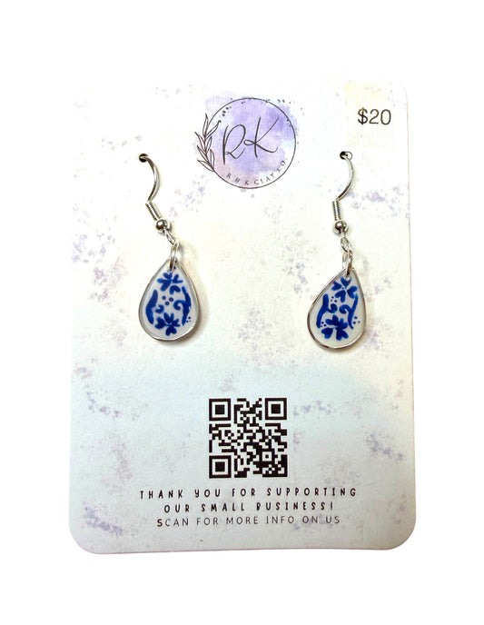 Hand Painted Silver Small Tear Drop Chinoiserie Earrings