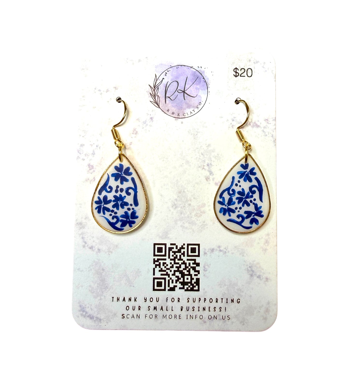 Hand Painted Gold Large Tear Drop Inlay Chinoiserie Earrings