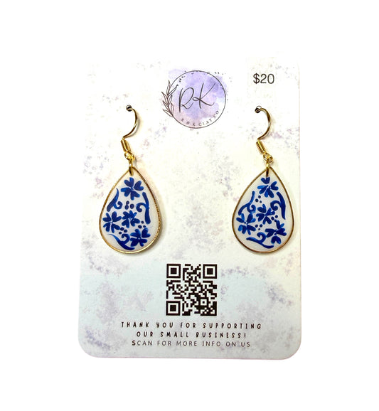 Hand Painted Gold Large Tear Drop Inlay Chinoiserie Earrings