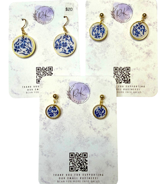 Hand Painted Gold Circle Chinoiserie Earrings
