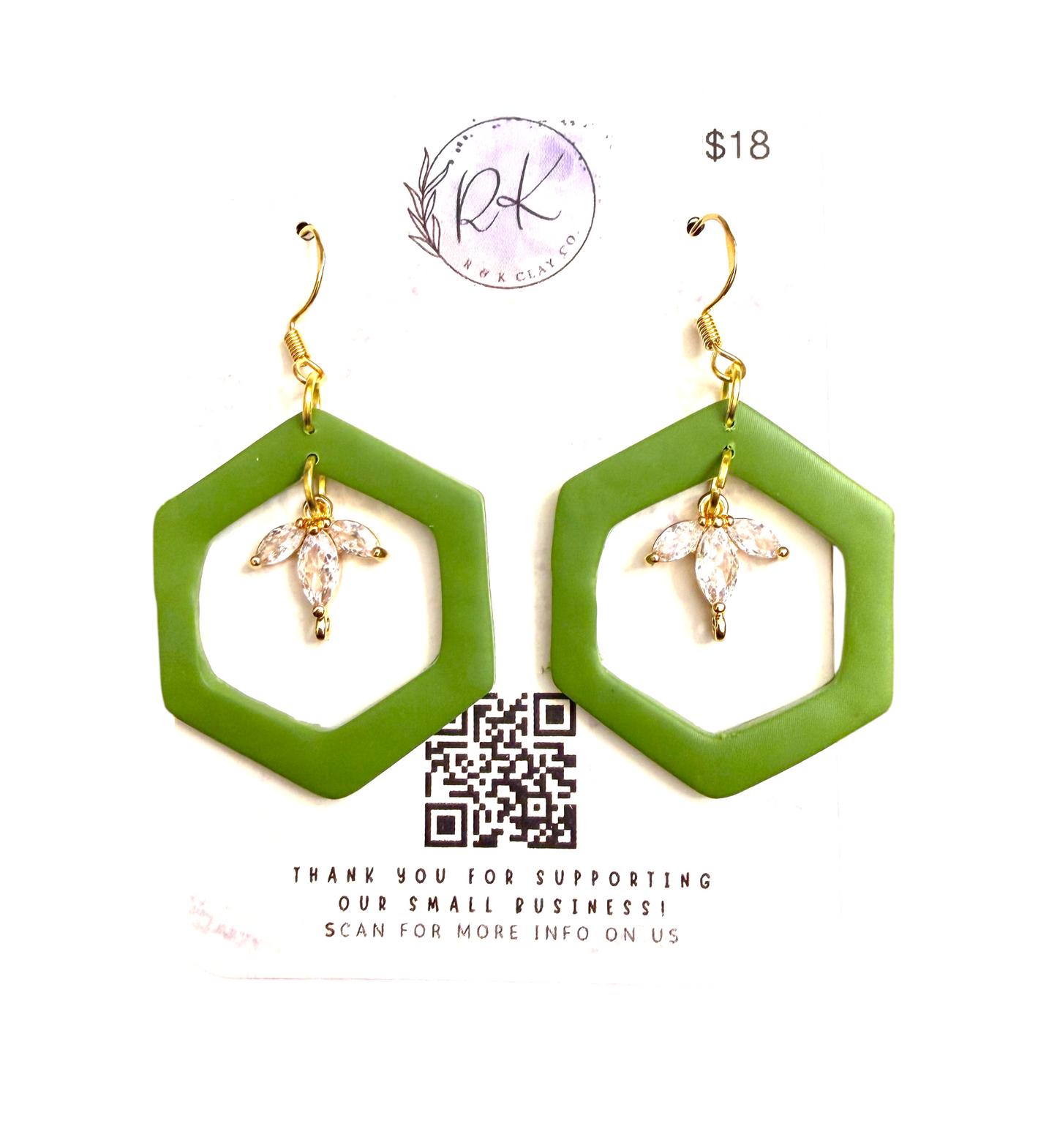 Olive Hexagon with Gem Earrings