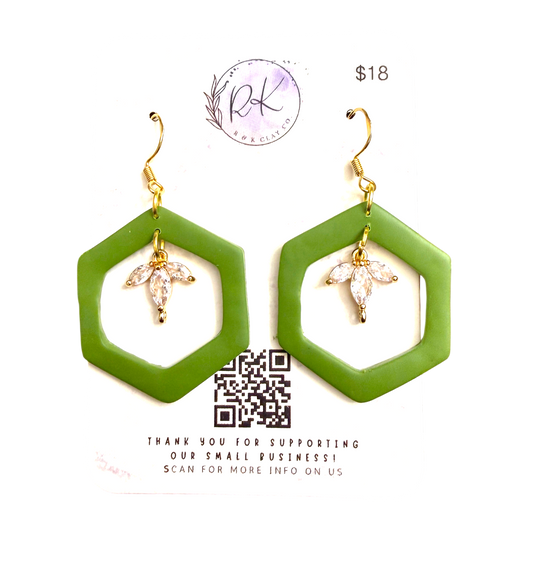 Olive Hexagon with Gem Earrings