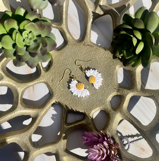 White Half Daisy Earrings
