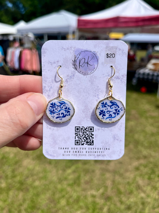 Hand Painted Gold Circle Inlay Chinoiserie Earrings