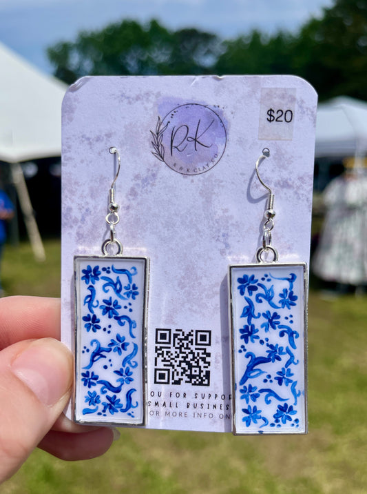 Hand Painted Silver Rectangle Inlay Chinoiserie Earrings