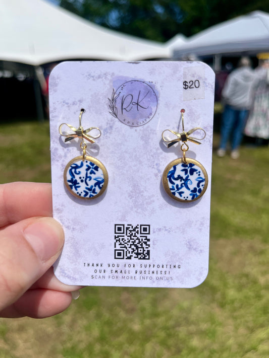 Hand Painted Gold Edged Circle with Bow Chinoiserie Earrings