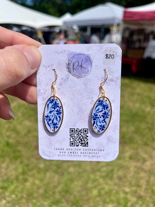 Hand Painted Gold Oval Inlay Chinoiserie Earrings