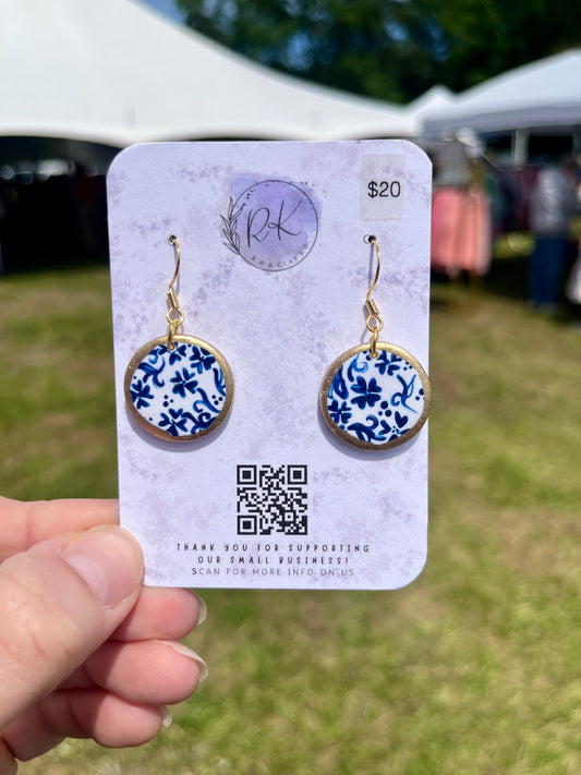 Hand Painted Gold Edged Circle Chinoiserie Earrings