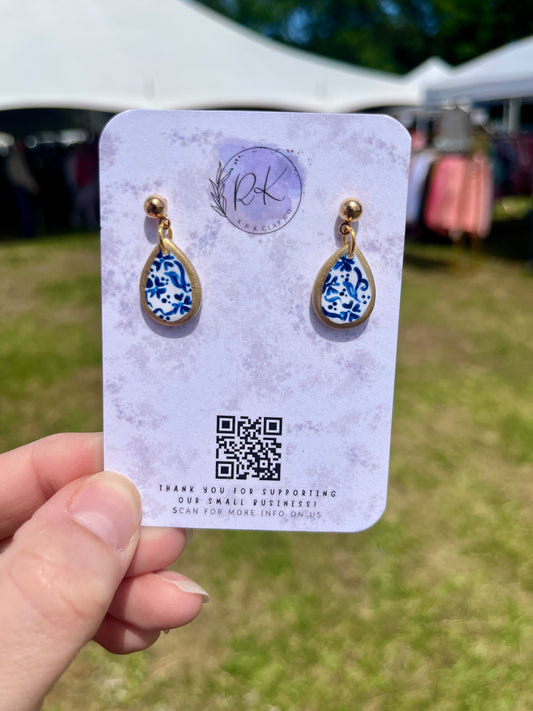 Hand Painted Gold Edged Small Teardrop Chinoiserie Earrings