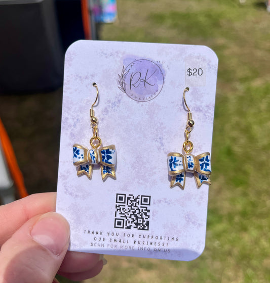 Hand Painted Gold Edged Bow Chinoiserie Earrings (Copy)