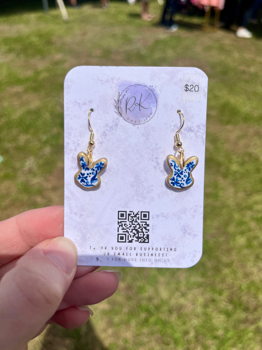 Hand Painted Gold Edged Bunny Head Chinoiserie Earrings