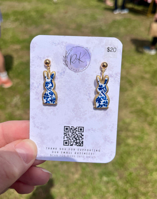 Hand Painted Gold Edged Bunny Chinoiserie Earrings