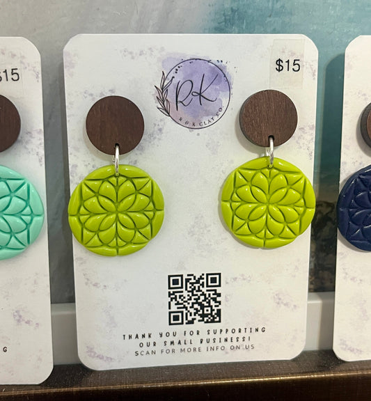 Lime Green Patterned Circle Earrings