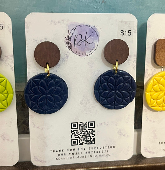 Navy Blue Patterned Circle Earrings (Copy)