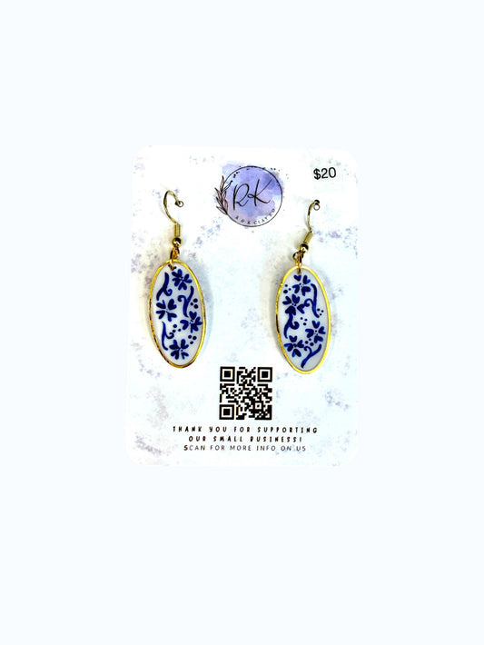 Hand Painted Gold Oval Chinoiserie Earrings