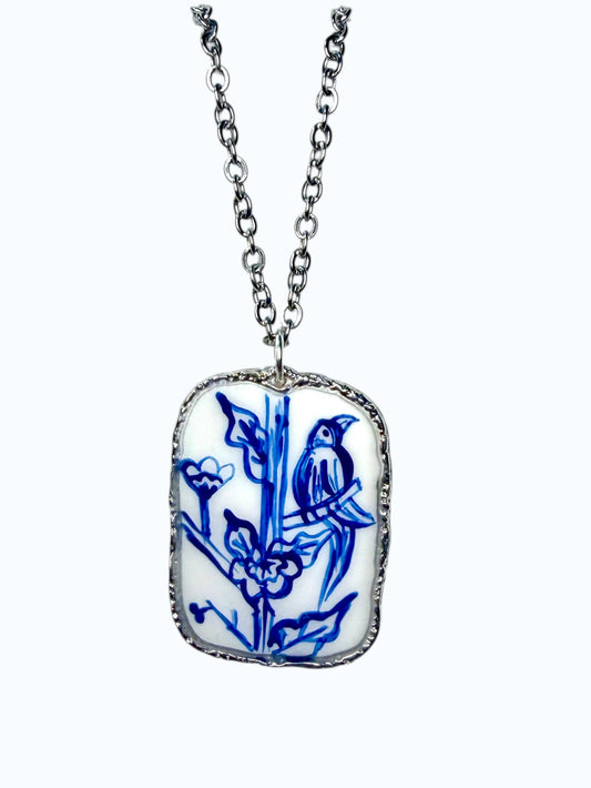 Hand Painted Rectangle Parrot Chinoiserie Necklace