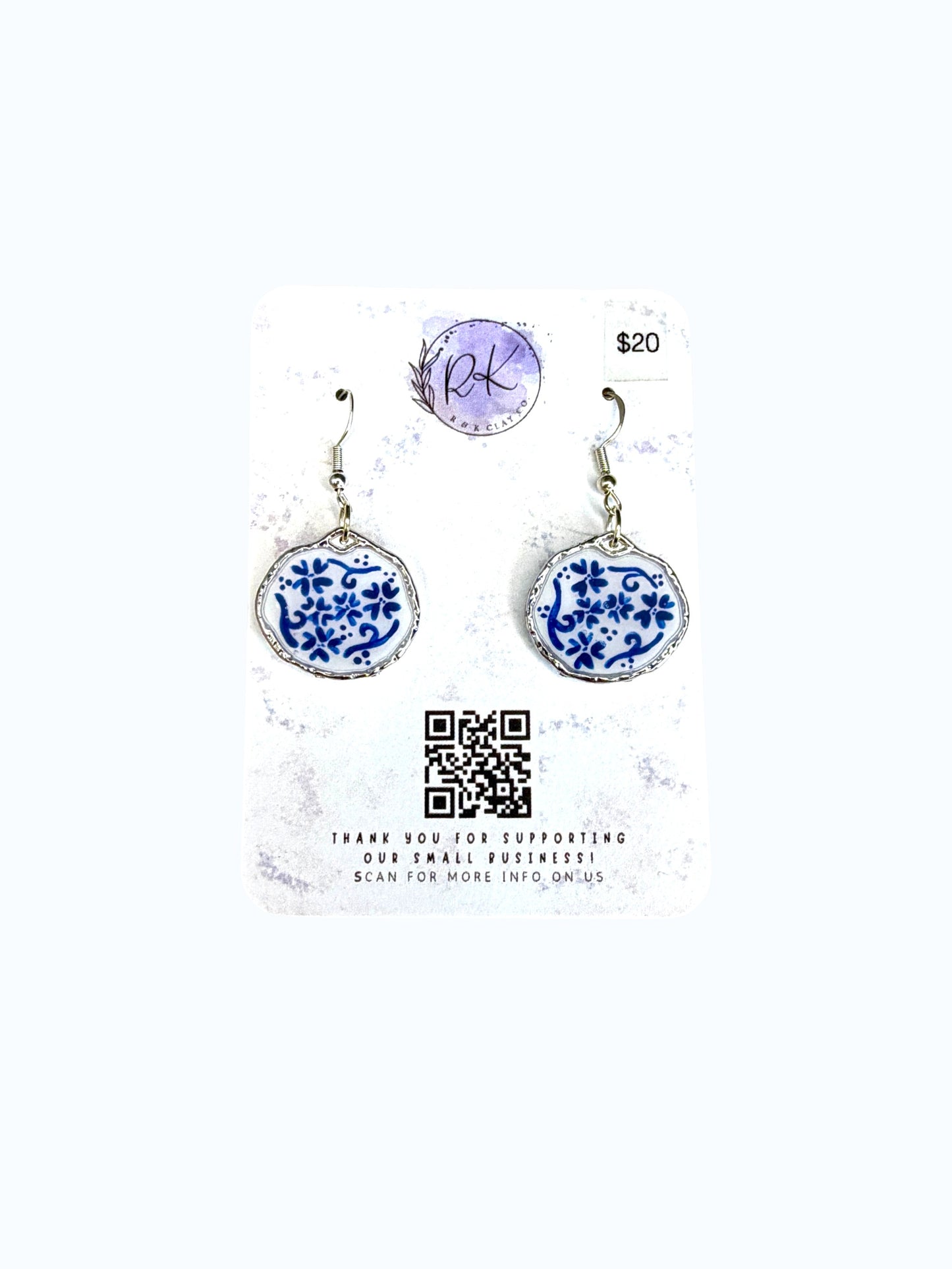 Hand Painted Silver Wavy Circle Chinoiserie Earrings