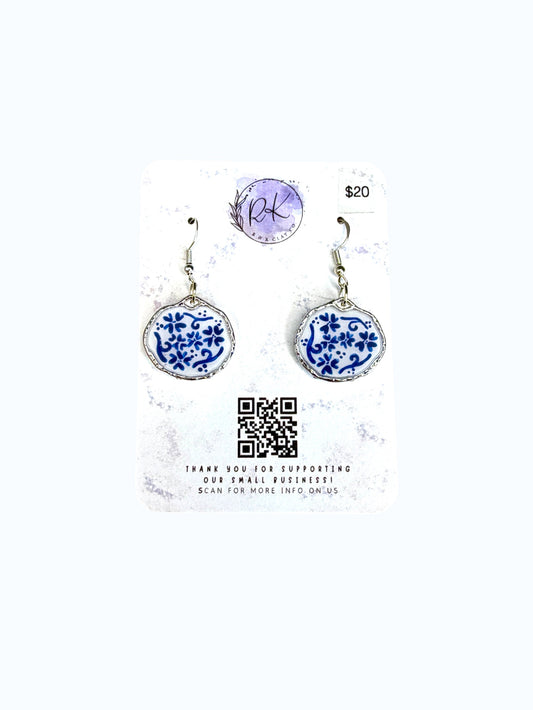 Hand Painted Silver Wavy Circle Chinoiserie Earrings