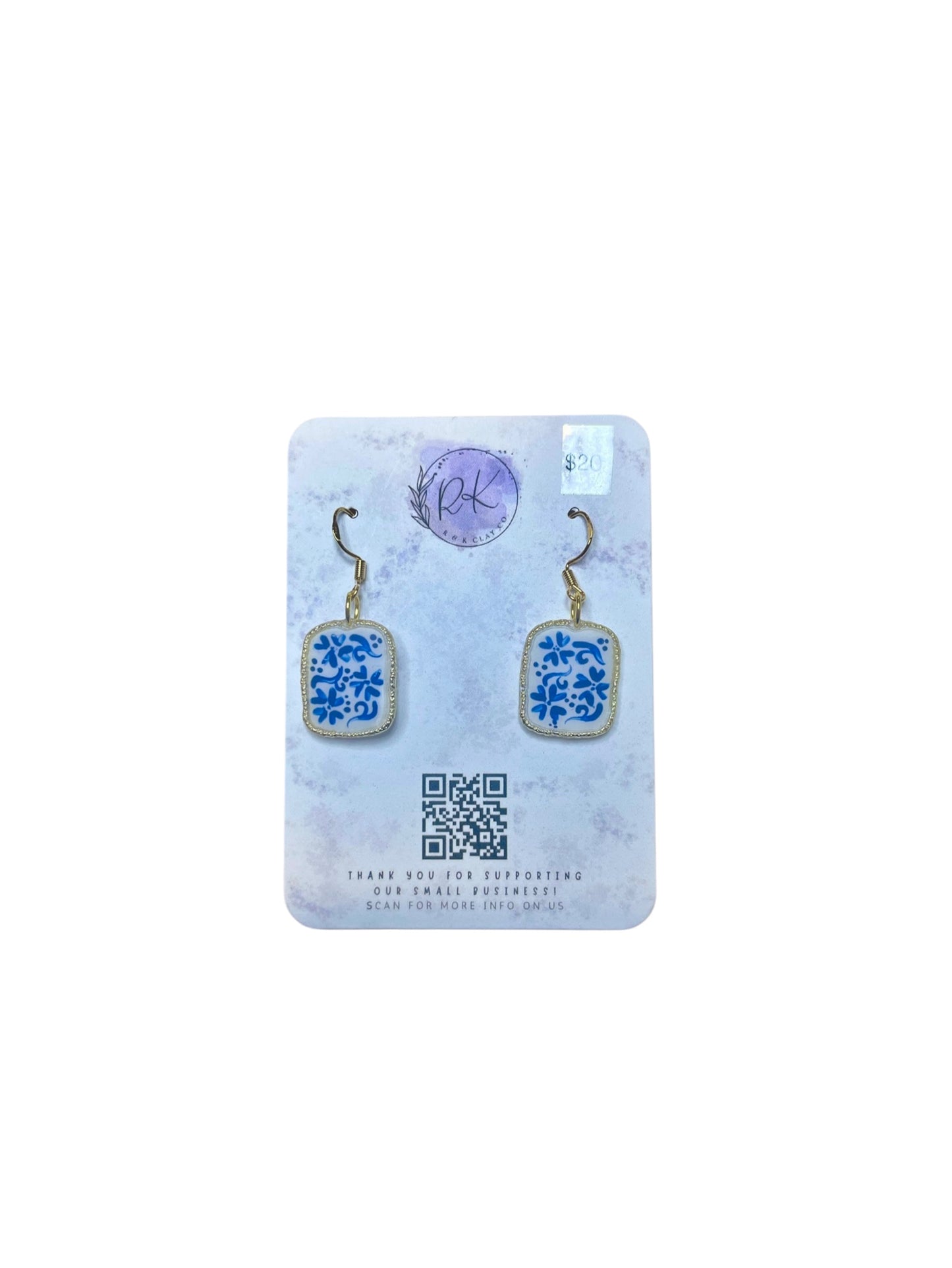 Hand Painted Gold Small Square Inlay Chinoiserie Earrings