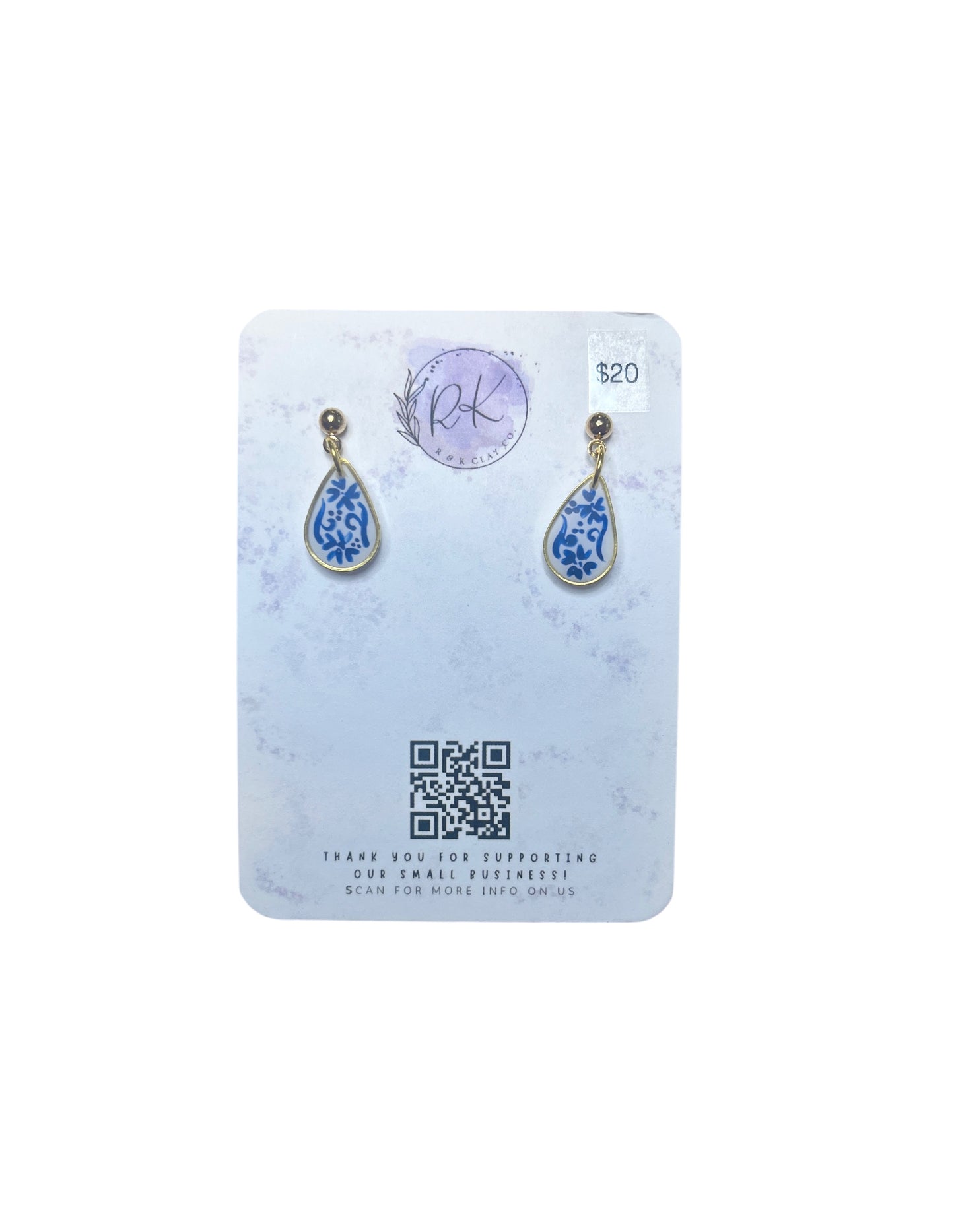 Hand Painted Gold Small Tear Drop Inlay Chinoiserie Earrings