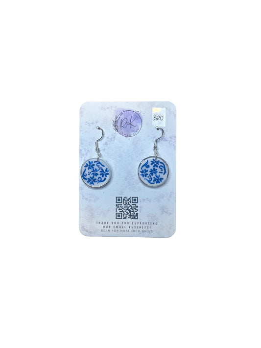 Hand Painted Silver Circle Chinoiserie Earrings