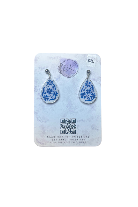 Hand Painted Silver Large Tear Drop Inlay Chinoiserie Earrings